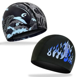 COYUN Pack of 2 Elastic Swimming Caps for Adults, Swimming Cap Long Hair - Comfortable Fabric Swimming Cap Soft Unisex Swimming Cap Ear Protection Swimming Cap Lightweight Swimming Cap for Men Women