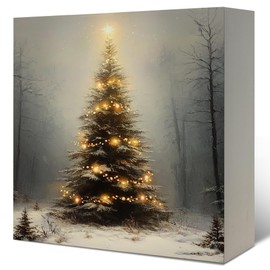 LUKIPOM Christmas Signs, Christmas Tree Wooden Box Sign, Christmas Tree Decor, Farmhouse Christmas Decorations, Rustic Christmas Wood Signs for Home Office Desk Shelf Table Decor, 5x5 Inch