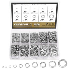 1000 Pieces 304 Stainless Steel Lock Washers, Split Lock Washers, Kindroufly 9 Sizes Spring Lock Washers, Lock Metal Washers Assortment Kit (M2 M2.5 M3 M4 M5 M6 M8 M10 M12)