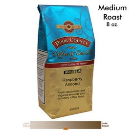 Door County Coffee, Spring & Summer Seasonal Blend, Raspberry Almond, Raspberry and Buttery Almond Flavored Coffee, Medium Roast, Whole Bean Coffee, 8 oz Bag