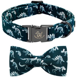 Elegant little tail Dog Collar, Dinosaurs Print Pet Collars with Bow Soft Cutton Boy Puppy Gift Adjustable Blue Bowtie Dog Collar for Medium Dogs