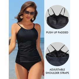 Charmo Women's Tankini Top with Fit Ruched High Neck Bathing Suit Tops Push Up Padded Swim Tops Only Black 2XL