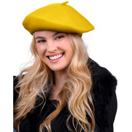 Parquet Solid Color French Beret Wool Material. Classic French, Casual and Chic Lightweight Beanie Cap Hat Hunter for Women Yellow