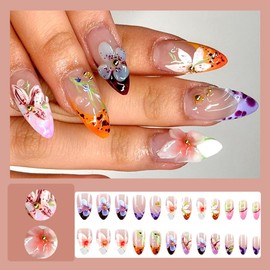 24 Pcs Press on Nails Short Almond Flower Nail Tips,YEFIUO Acrylic Nail Kit French Fake Nails Press ons Glue on Nails Full Cover Reusable 3D Texture Artificial False Nails Stick on Nails Art for Women
