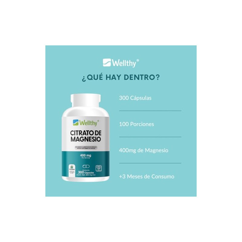 Wellthy Citrato Magnesio 300 Cápsulas 400mg 100 Natural Veganas Días
