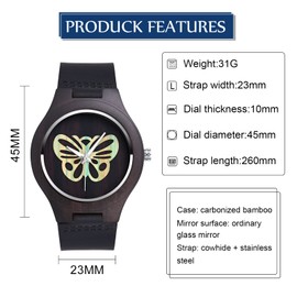MicLee Men's Simple Wooden Watch Butterfly Dial Analogue Quartz Movement Wrist Watch for Men Husband Gifts, Colourful butterfly, Strap.