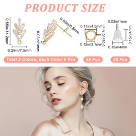 CREATCABIN 1 Box 12Pcs 2 Color 18K Gold Plated Brass Cubic Zirconia Earrings Stud Post Loop Jewelry Making Findings with 50Pcs Jump Rings 50Pcs Rubber Earring Rubber Backs Stopper DIY Crafts Supplies