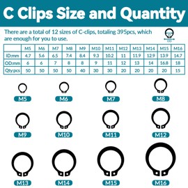900Pcs E-Clips Assortment Set(2.0mm-12mm) and C Clips Assortment (M5-M16),Snap Rings Assortment Kit,24 Sizes Black Carbon Steel Circlip Retaining Clip,External Retaining Rings O-117