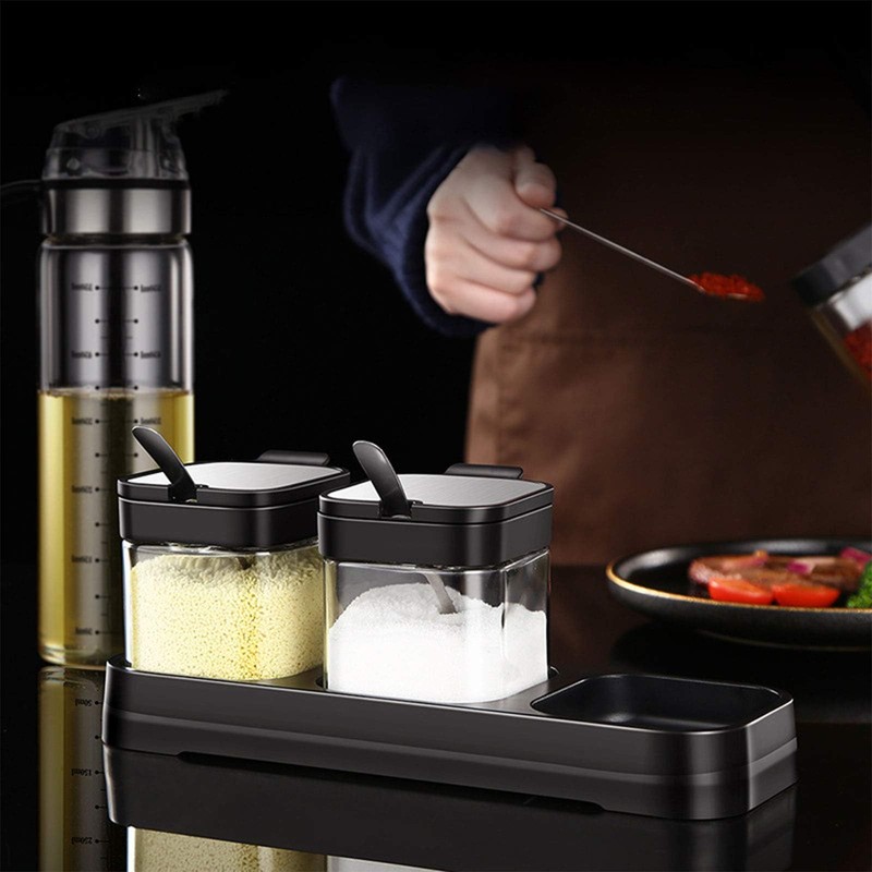 3 Piece 3 Grids Seasoning Box with Spoon Lid and