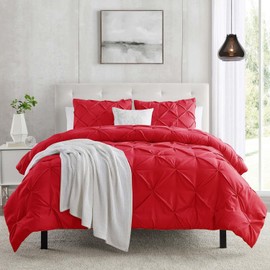 Red Duvet Cover King Size 3 Piece Pintuck Comforter Cover - 1 Duvet Cover 104x90 Button Closure with 2 Pillow Shams - Ultra Soft Microfiber Bedding Pinch Pleated King Duvet Cover Set