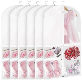 Svaldo White Dance Garment Bags for Dancers, 6pcs 20x39", Dance Costume Garment Bag for Dance Competition Travel, Hanging Clothes, Girls Dresses, Cheer Uniform, Dust Proof with 3 Clear Zipper Pockets