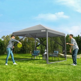 VIVOHOME 10x10ft Easy Pop-Up Canopy, Outdoor Screen Tent with Mosquito Netting, 2 Zipper Doors, and Roller Bag for Yard Camping Picnic Party Events, Grey