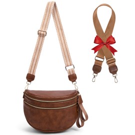 Vegan Leather Bum Bags for Women Crossbody Sling Bag Large Fanny Pack Trendy Leather Belt Bag With Two Shoulder Straps 2025 (Brown)