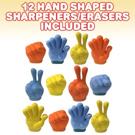 ArtCreativity Hand Shaped Erasers with Sharpeners, Set of 12, Esthetic School Supplies for Kids, Unique Party Favors for Boys and Girls, Pinata Fillers, Teacher Awards, and Holiday Stocking Stuffers