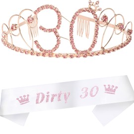 30th Birthday Gifts for Woman, 30th Birthday Tiara & Sash Pink, Dirty 30 Glitter Satin Sash and Crystal Tiara Birthday Crown