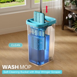 JOYMOOP Mop and Bucket Set with Wringer, with 3 Reusable Microfiber Mop Pads, Mops for Floor Cleaning and Wall Cleaning, Hands-Free Flat Mop for Home Use - Grey+Cyan Blue