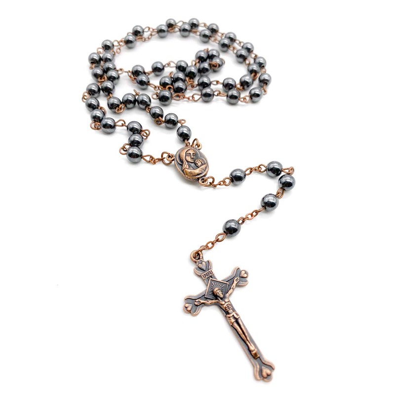 Nazareth Store Hematite Rosary Black Stone Beads Necklace with Jerusalem