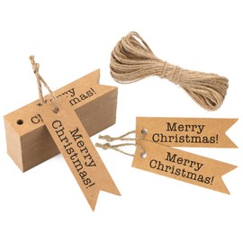 joycraft 100Pcs Merry Christmas Gift Tags, 2.75x0.75 inch Christmas Kraft Paper Tags with String, Brown Christmas Holiday Tags, Small Xmas Name Tags for Gift Wrapping, DIY Crafts, Bottles