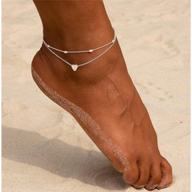 ASCOMY 14K Silver Plated Ankle Bracelets for Women Dainty Layered Peach Heart Beaded Link Anklet Cute Simple Layering Anklets for Girls Minimalist Summer Beach Foot Chain Silver Anklet Jewelry Gifts