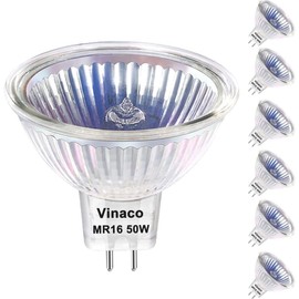 Vinaco MR16 Halogen Bulb 50W 12V, 6 Pack MR16 Bulb Dimmable, Long Lasting MR16 GU5.3 50W Bulb, 2800K MR16 Warm White with GU5.3 Base, Halogen MR16 50W for Landscape, Track Lights, and Fiber Optics