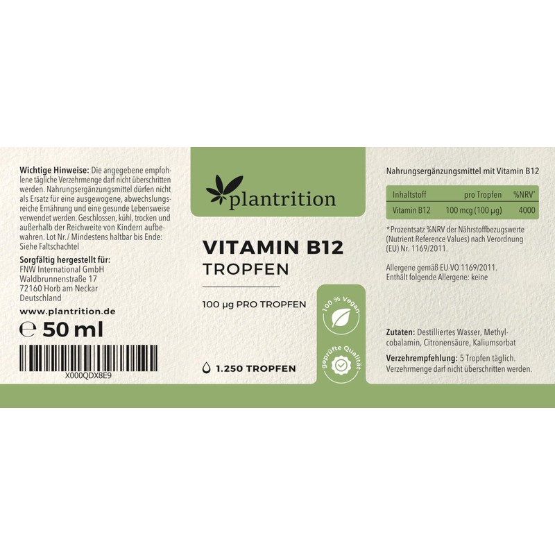 plantrition Vitamin B12 Drops - 1250 Drops Each 100 μg