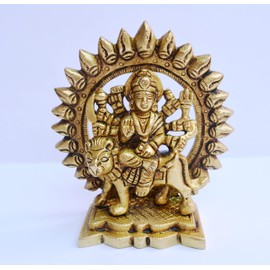 Brass Durga MATA Idol (450gram, 4.25inch) Home Puja Mandir Indian Temple Decor Art Hindu Puja Durga Sculpture Sitting on Lion Blessing Statue Handicraft Religious Goddess Maa Symbol of Strength