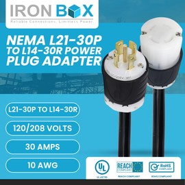 IronBox Electric NEMA L21-30P to L14-30R Power Plug Adapter - 30A, 120/208V, 10 AWG SJOOW - UL Listed Twist Lock Extension Cable - Heavy Duty Plug & Connector for Generator, Data Center & More (6ft)