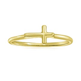 Minimalist Simple Midi Knuckle Thin 1MM Band Stackable Religious Sideways Cross Ring For Teen Yellow 14K Gold Plated .925 Sterling Silver