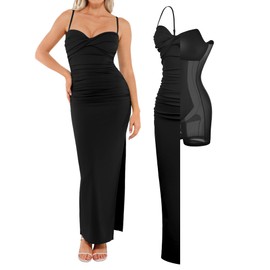 Popilush Women's Summer Maxi Dress - Shapewear Long Formal Cocktail Party Dresses Ruched Bodycon Dress Black