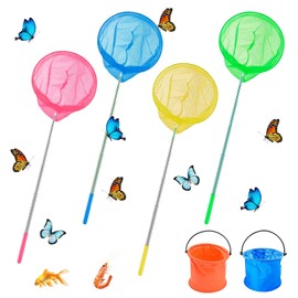 4 Stück Kescher Kinder, Teleskop Schmetterlingsnetz mit 2 Faltbarer Eimer, Teichnetz, Strand, Fangnetz, Insekten Netz, Outdoor Ideal zum Fangen von Insekten Bugs Fische Angeln Teich Pool Garten