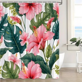 KDYDK Tropical Floral Plant Shower Curtain Vintage Pink Hibiscus Flower Green Palm Banana Monstera Leaves Hawaii Botanical Decor Bathroom Curtain Set with Hook