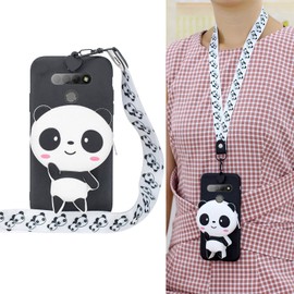 Jorisa Wallet Case for LG K51,Cute 3D Cartoon Animal Zipper Pocket Purse Soft Silicone Rubber Cover with Neck Strap Lanyard Case for Kids Teens Girls Women,Black Panda