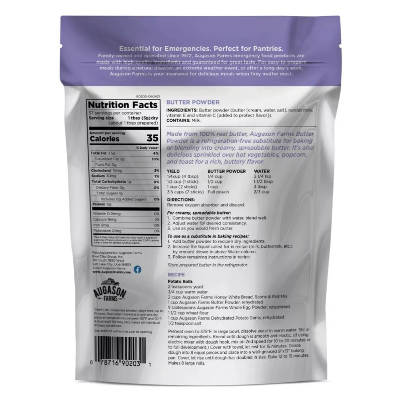 Augason Farms Butter Powder Resealable Pouch, Dehydrated Emergency Food 10