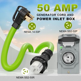 50 Amp Generator Cord and Power Inlet Box Kit, 15Feet 50A 4 Prong Heavy Duty RV Extension Cord NEMA 14-50P to SS2-50R STW 6/3+8/1 AWG Gauge Wire Cable for RV Camper & House,Pre-Drilled, ETL Listed