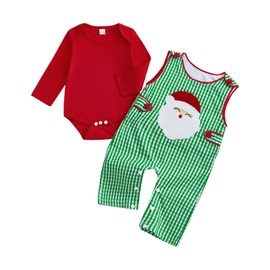 xkwyshop Infant Newborn Baby Boy Girl Christmas Outfit Santa Embroidery Long Sleeve Romper Plaid Overalls Pants Set Clothes (Red, 0-3 Months)