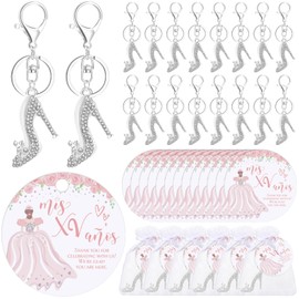 Misdary 18 Sets Quinceanera Party Favors for Guests, High Heel Shoe Keychains Thank You Cards Small Quinceanera Cards with Organza Bags for Guests 15 Years Birthday Party Favors Girls Gifts(Silver)