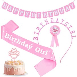 Birthday Gifts Birthday Sash, 5PCS Birthday Sash for Girls, Birthday Girl Headband Happy Birthday Banners, Birthday Girl Sash and Tiara Decorations Set for Girl Women Birthday Party Supplies (Pink)