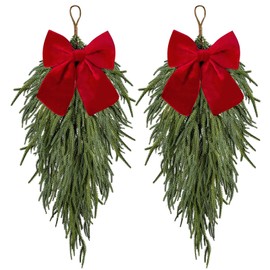 2 Pcs Christmas Swag with Velvet Bow,27.5inch Norfolk Pine Teardrop Swag,Christmas Teardrop Wreath for Door Window Mantle Fireplace Wall Indoor Outdoor Home Decor