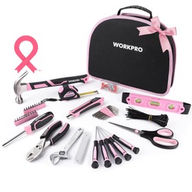 WORKPRO Pink Tool Kit - Hand Tool Set with Easy Carrying Round Pouch - Durable, Long Lasting Chrome Finish Tools - Household Tool Kit Perfect for DIY, Home Maintenance - Pink Ribbon