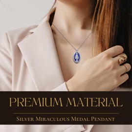 HALUKAKAH Italian Designed Silver Miraculous Medal Pendant,Jewelry Making for Keychain or Necklace - Extra Large 4cm Silver Oxidized with Blue Enamel Accent - Catholic Jewelry,with Cross Card