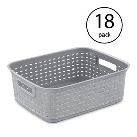 Sterilite Short Plastic Weave Storage Basket, Bin Organization for Countertops, Classroom, Tabletops and Shelves for Crafts, Jewelry, Gray, 18-Pack