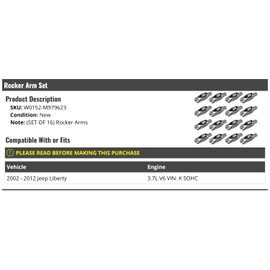 Marketplace Auto Parts Rocker Arm Set - 16 Piece - Compatible with 2002-2012 Jeep Liberty 3.7L V6 VIN K SOHC (W0152-M979623)