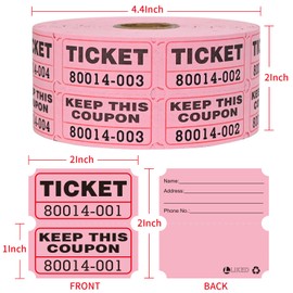 L LIKED Raffle Tickets Double Rolls 1000 per Roll 50/50 Raffle Tickets for Events, Entry, Class Reward (Pink)