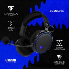 GAME FACTOR HSB600 Audifonos Inalambricos Gamer 2.4GHz Tipo Diadema Bluetooth Almohadillas Suaves Micrófono Flexible Desmontable Control de Volumen Luz LED 3.5 mm Sonido Envolvente Color Negro