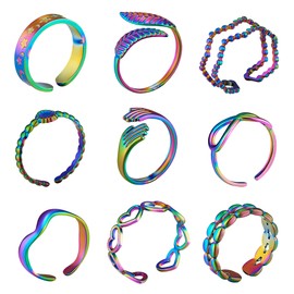 Ornaland 9 Pcs 9 Styles Rainbow Color Cuff Rings Set for Women Hand Hollow Heart Moon Knuckle Open Rings Adjustable Stackable Finger Rings Jewelry Gifts