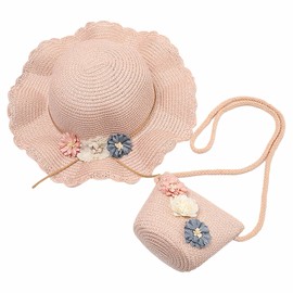 HIMKI Straw Hat Girls Straw Hat with Bag Kids Sun Hat Cute Summer Beach Hat + Straw Bag for Girls Travel Hat with Flower Decoration for Holiday Travel Outdoor Head Circumference 52-54 cm, pink