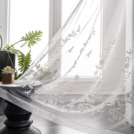 Melodieux Flower Embroidery Sheer Curtain for Living Room Patio Sliding Door Wide Window Rod Pocket Voile Drape, White Flower, 100 by 96 Inch (1 Panel)