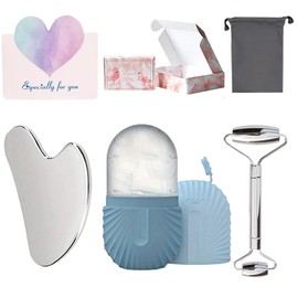 Herramientas de masaje facial: tabla y rodillo gua sha, soporte de hielo de silicona: reutilizable, bonita caja de regalo, no necesita electricidad, fácil de completar el cuidado facial (azul)