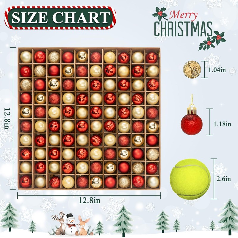 100 Pcs Mini Christmas Ball Ornaments Set, 1.18'' Red and