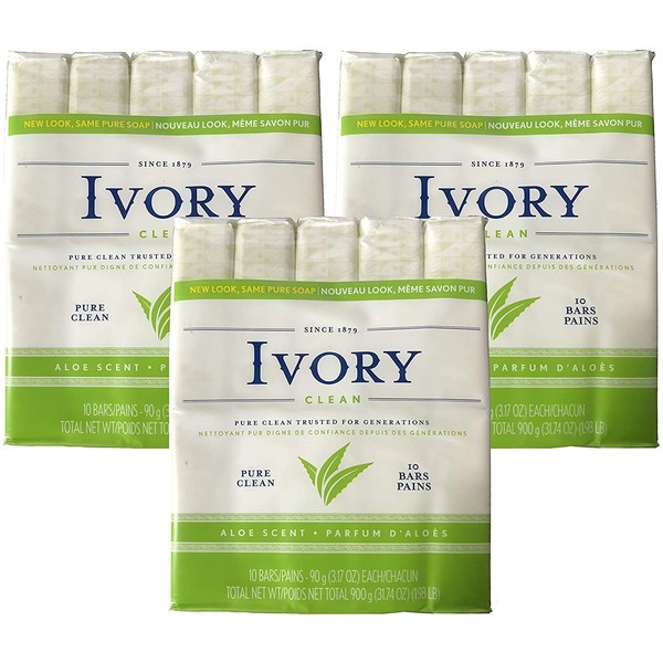 Ivory Soap, Pure Clean, 3.17 oz Bars, 10 each, Pack of 3 (30 Bars Total)